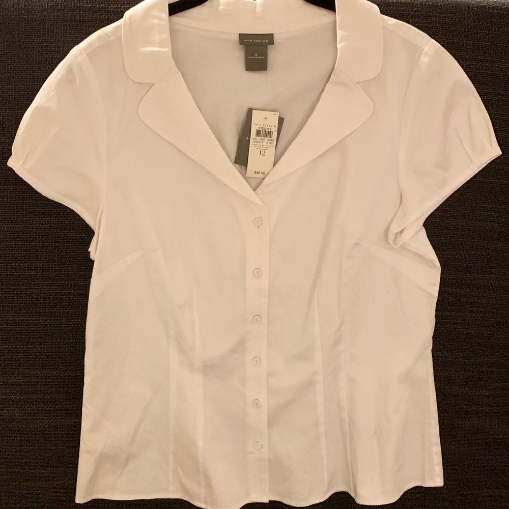 NWT ANN TAYLOR Size 12 White Short Sleeve Button Down Top w Collar & Cap Sleeve